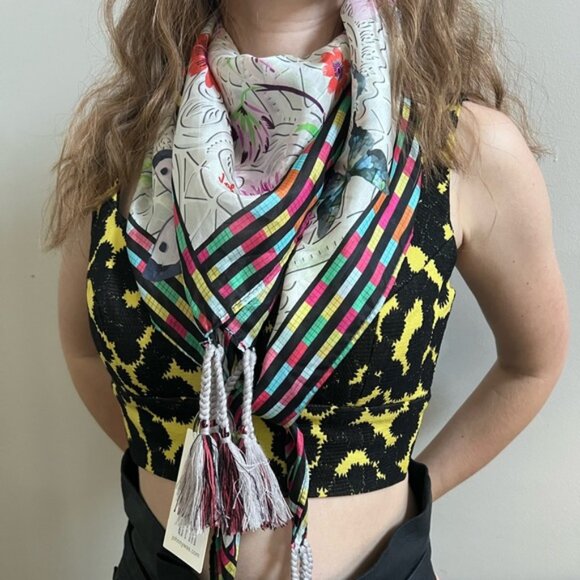 Johnny Was Mitchie Butterfly Silk Scarf Square Large Floral Tassels White NEW - Picture 5 of 7